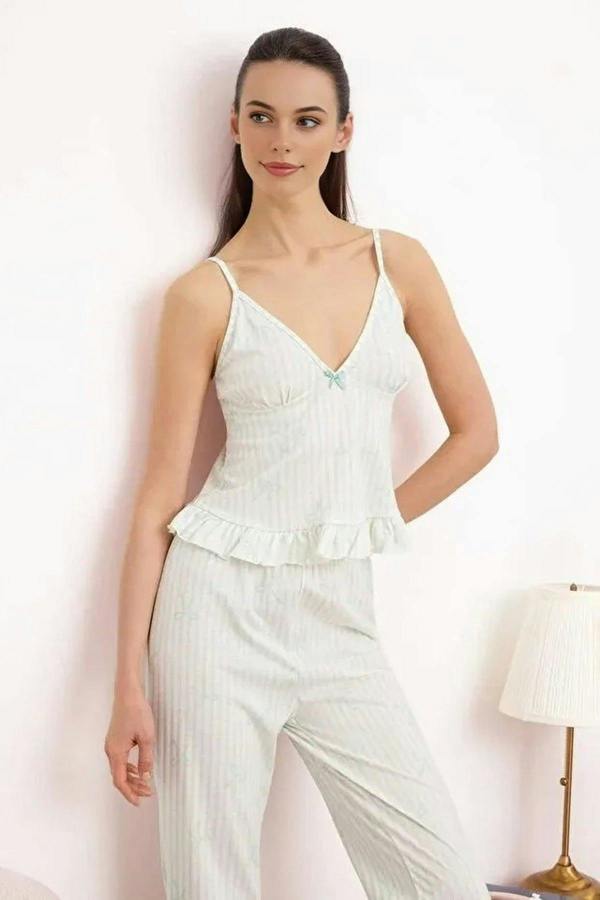 WOVCOR 2-Piece 100% Cotton Striped and Ribboned Ruffled Knitted Pajama Set