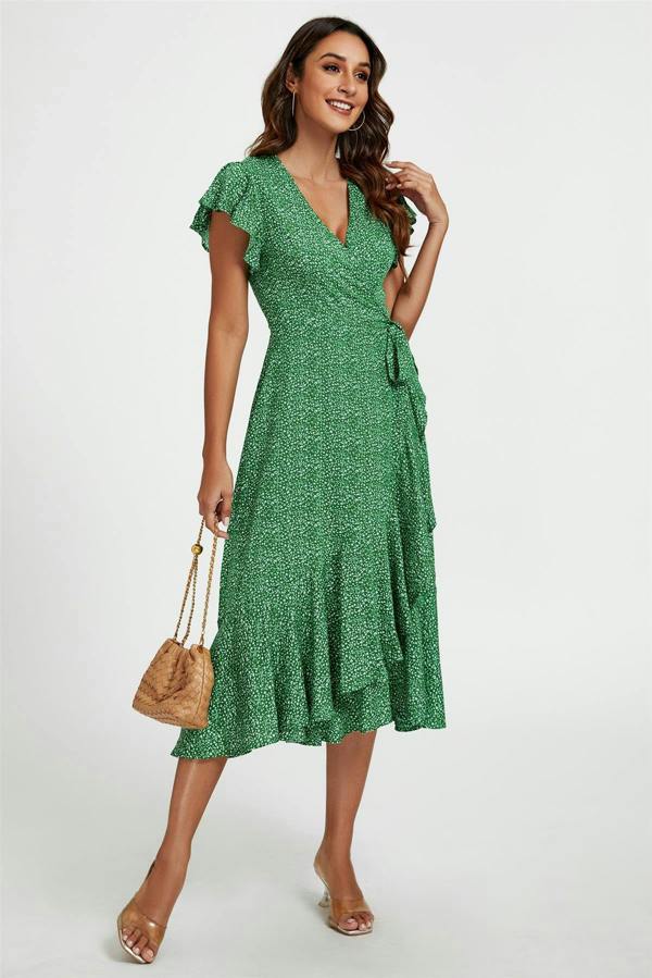 FS Collection Little Floral Frill Sleeve Midi Wrap Dress In Green