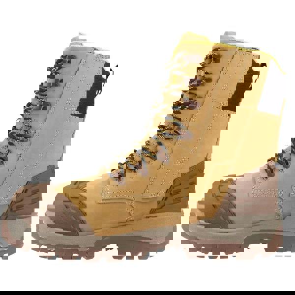 Caterpillar Striver XL 8" Men's Side Zip Waterproof S7 Safety Ankle Boots, tan work boots with black and yellow laces, rugged sole, and protective toe cap.