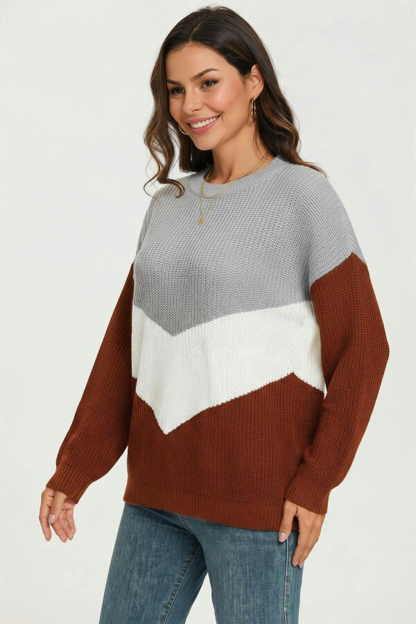 FS Collection Colour Block Chevron Crew Neck Knitted Jumper