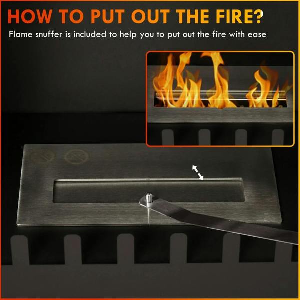 Stainless steel flame snuffer and burner tray for a black bioethanol stove