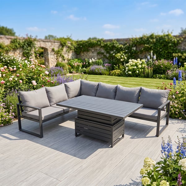 Fimous 6 Seater Aluminium Garden Furniture Set with Rising Dining Table - Dark Grey