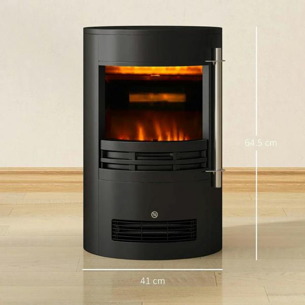 Black freestanding electric fireplace heater showing flame effect through the front glass