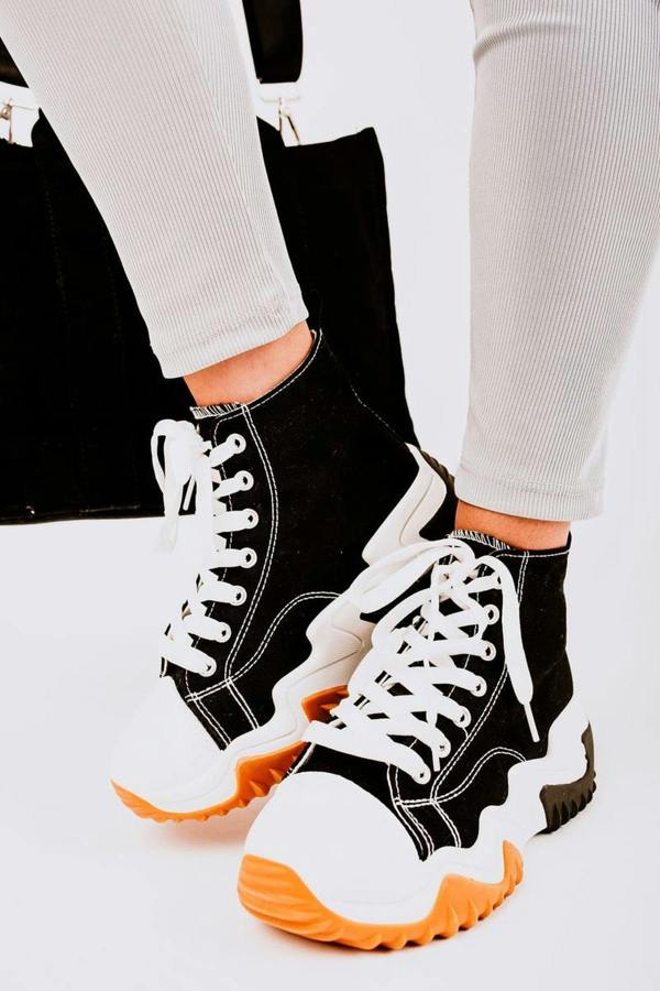Kayla Chunky Platform Round Toe Lace Up Trainers - Black