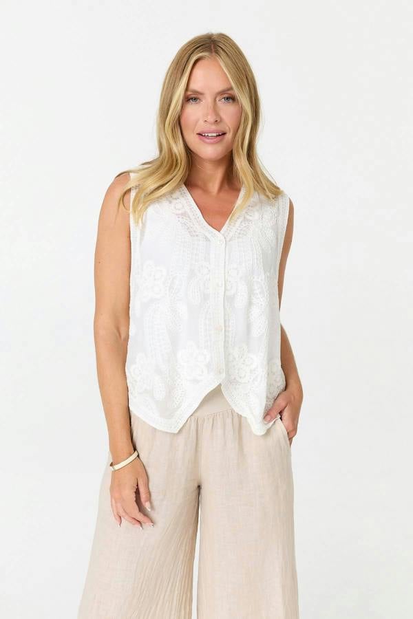 White | Embroidered Sleeveless Waistcoat Top