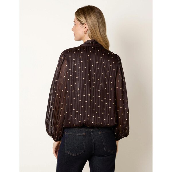 Blue Vanilla Metallic Polka Dot V Neck Tie Puff Ball Blouse