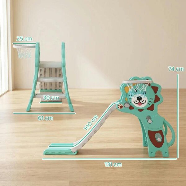 Baby Slide with Basketball Hoop, Climber, Easy to Assemble Kids Slide for Indoor Use, for Ages 18-36 Months - Blue