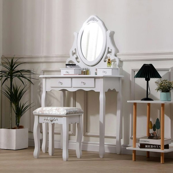 75cm W White Makeup Vanity Desk with Mirror and Stool Dressing Tables Living and Home