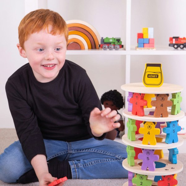 Bigjigs Toys Teddy Tumbling Tower Game - 49 Piece Stacking Tower Game