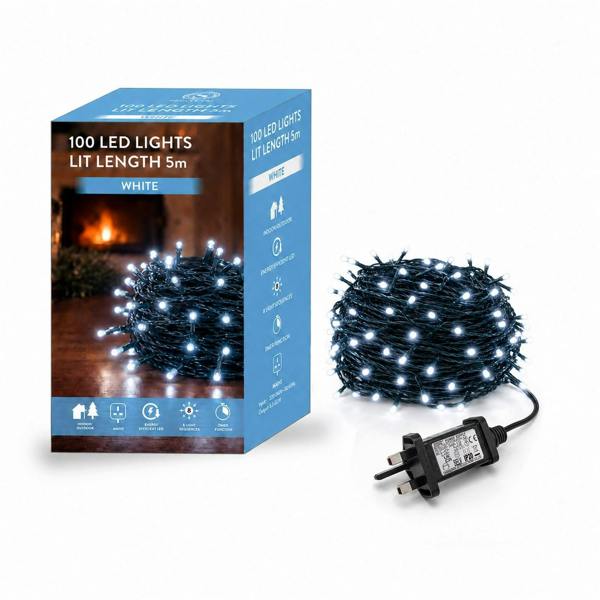 Cool White LED Fairy String Lights with Green Cable, 8 Modes, Memory and Auto Timer image 1