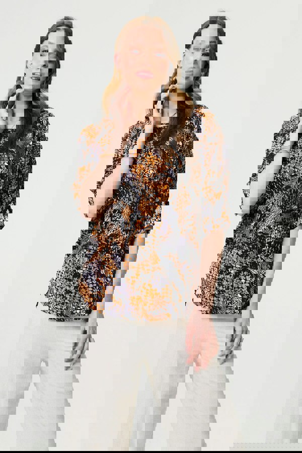 Black | Animal Print 3/4 Sleeve Relaxed Top