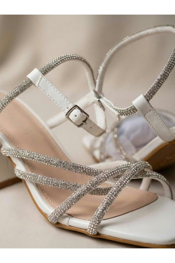 Willow Rhinestone Block Heel Sandals - White