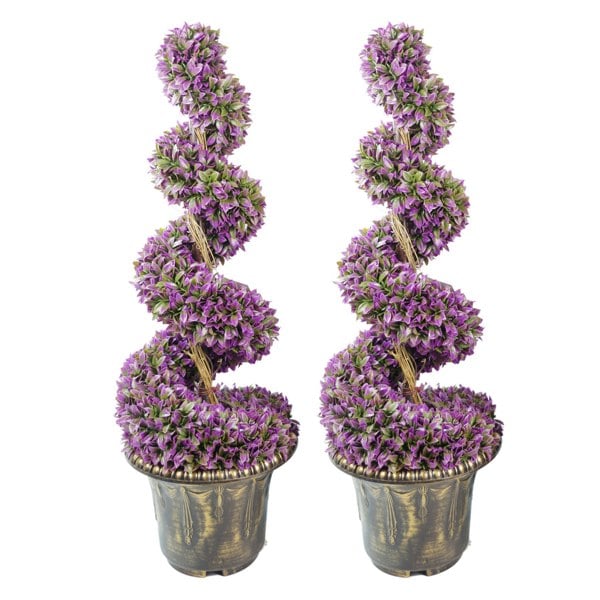 Leaf 90cm Pair of Purple Large Leaf Spiral Topiary Trees with Decorative Planters