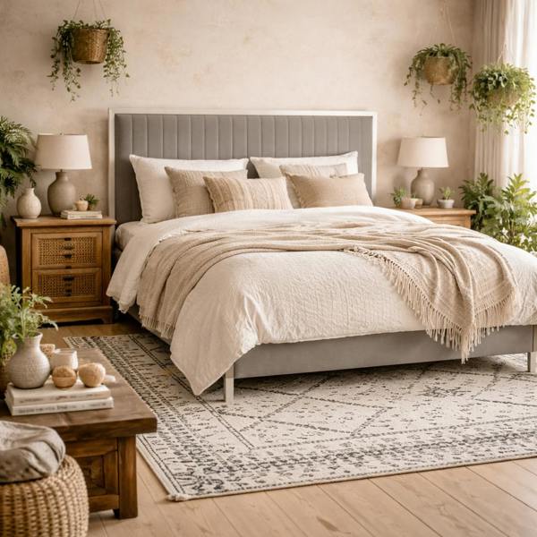Wyld Haus Killarney Mink Upholstered 5ft King Size Bed with Tall Ribbed Headboard
