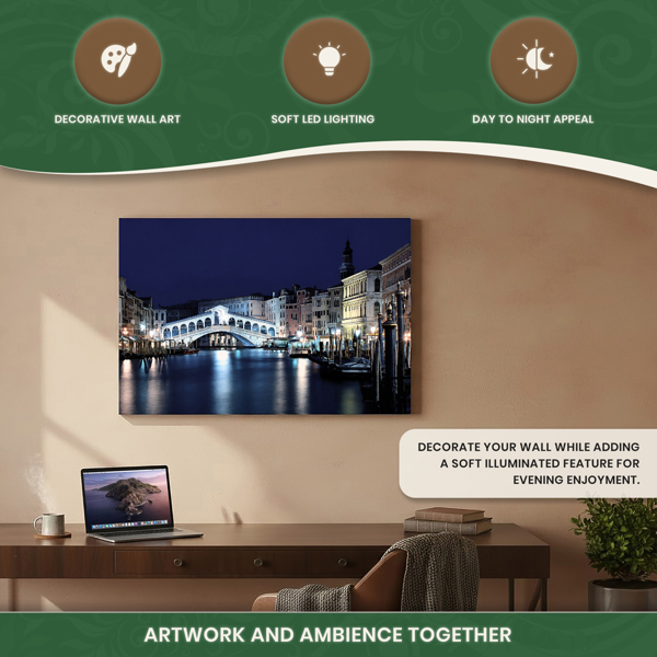 Rialto Bridge Scene Print LED Canvas, Venice Artwork With 8 LED Lights, 60 x 40 cm, Stretched Wooden Frame, Battery Powered