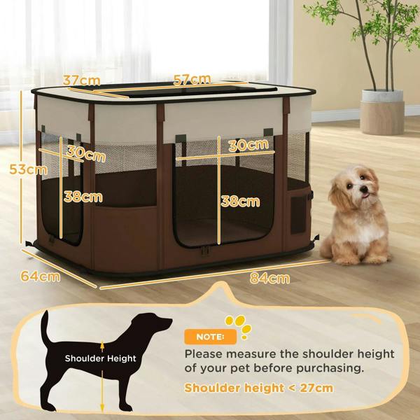 Brown foldable pet pen with mesh walls, top cover, and front door; size indicated