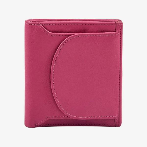 Compact pink leather coin tray wallet with buttoned coin pocket