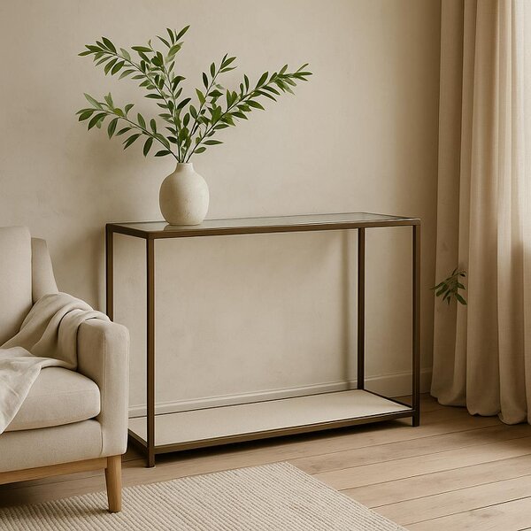 Wyld Haus Aracaju Ivory Shagreen and Brass Glass Top Console Table