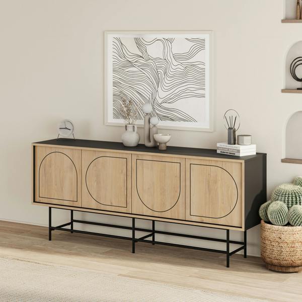 Decortie Modern Joji Sideboard 4 Storage Shelves with 4 Doors Console Table 187(W)cm Sturdy 6 Metal Legs 28(H)cm Silky Black, Oak