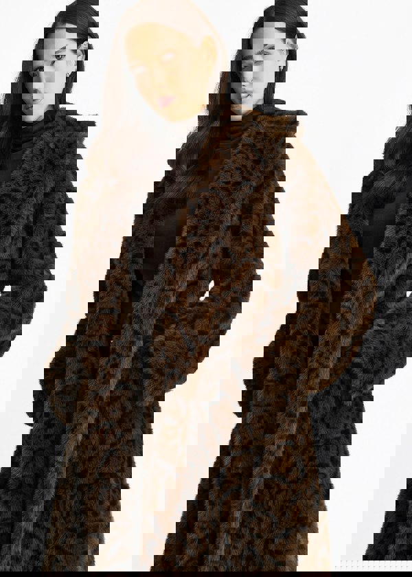 Gini London Chocolate Leopard Print Premium Faux Fur Belted Coat