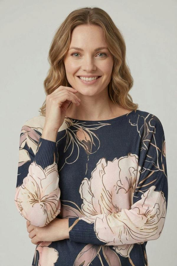 Navy | Floral 3/4 Sleeve Lightweight Jumper