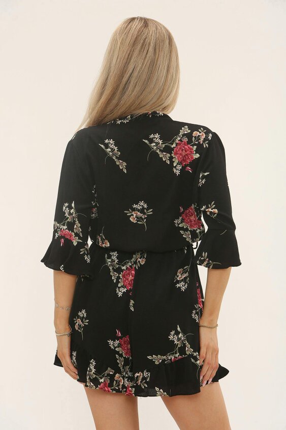 Black Floral Belted Playsuit – Ruffle Hem