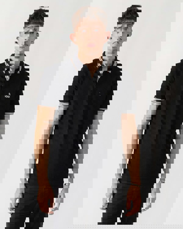 BOSS Green Paddy Mens Cotton-Piqué Polo Shirt with Contrast Logo - Grey 020