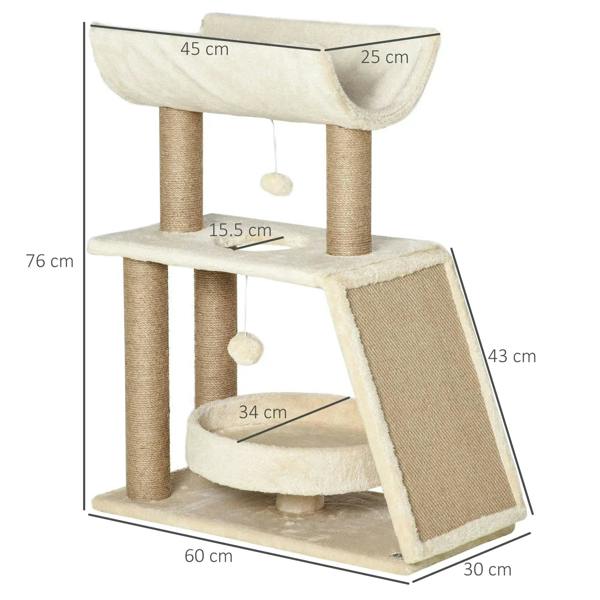 Cat tree tower with U perch, round bed, scratching posts, and ramp with size labels