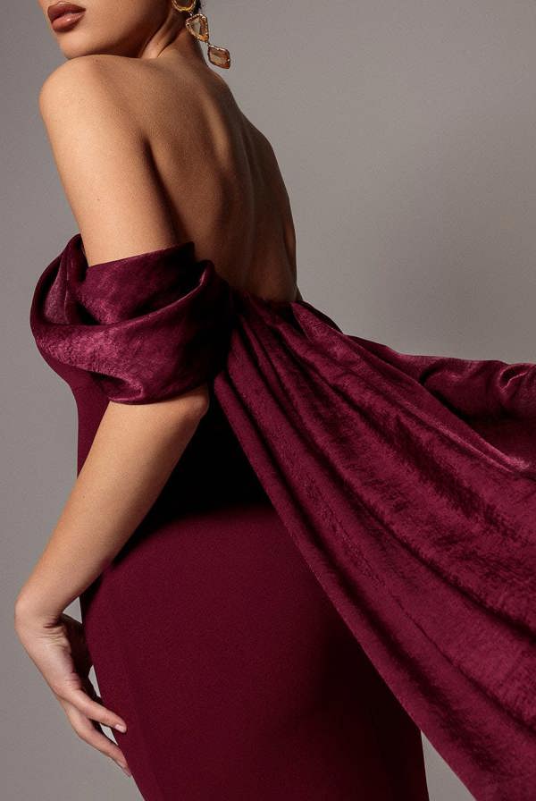 Off Shoulder Velvet Satin Wing Cape Maxi Dress - Burgundy DR5079