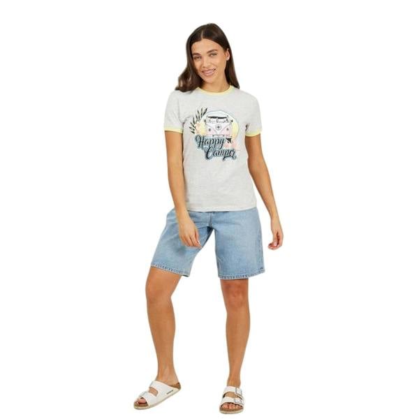 Brave Soul Womens/Ladies Happy Camper T-Shirt - Pale Grey/Lemonade - 