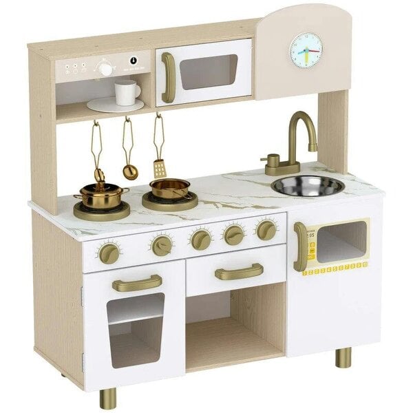 Bobobiy Play Kitchen, Kids Kitchen Playset with Rotating Coffee Machine, Storage Shelf, Stove, Gift for Kids 3-6 Years, White