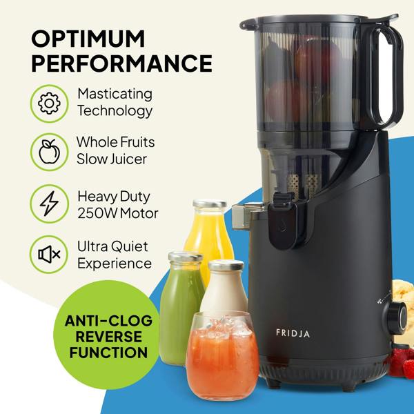 A black Fridja Citrus & Juice Duo – f800 Automatic Citrus Juicer & f2500 Self-Feeding Juicer stands by fresh juice bottles. Features include masticating tech, whole fruit capacity, 250W motor, quiet use, and anti-clog reverse function.