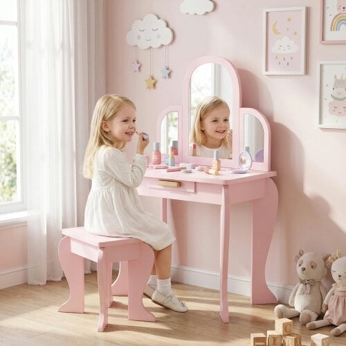 HOMCOM Kids Dressing Table Set Kids Vanity Set w/ Drawer, Mirror - Pink