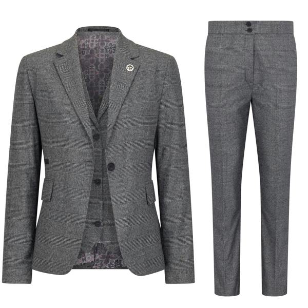 TruClothing Women's Grey Three-Piece Tailored Fit Suit in Prince of Wales Check