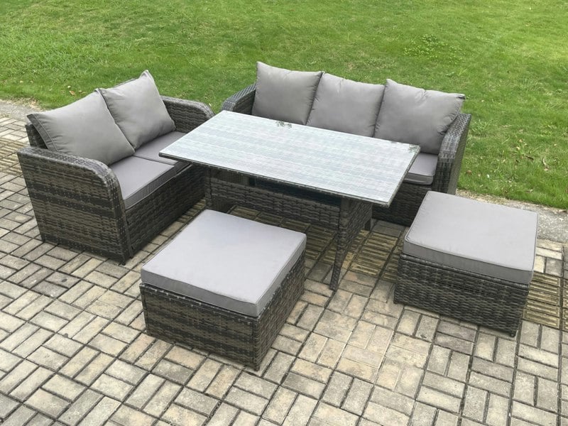 Fimous Outdoor Garden Patio Furniture Wicker Rattan Oblong Rectangular Dining Table and Lounge Sofa set with 2 Big Footstool Dark Grey Mixed