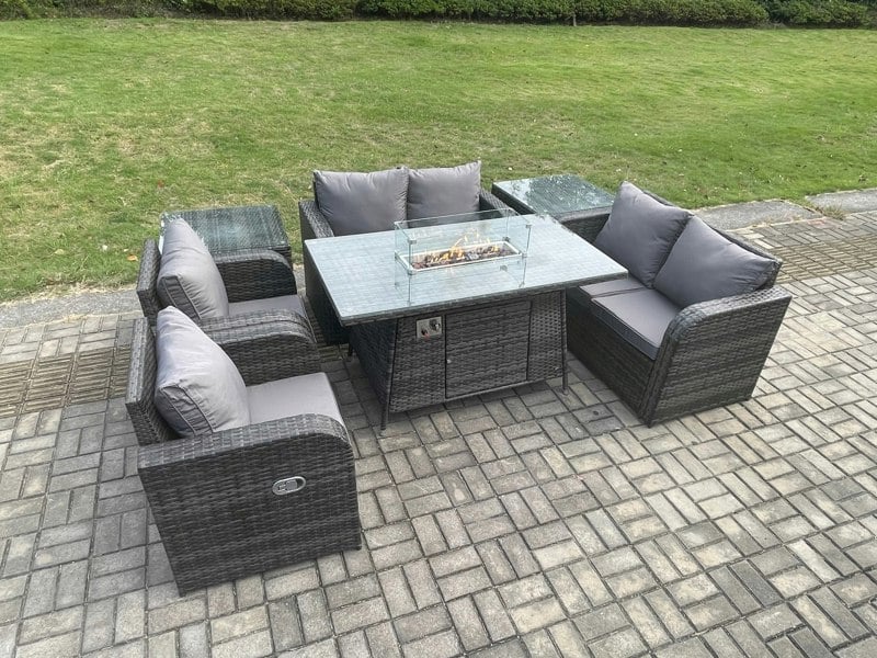 Fimous 6 Seater Rattan Garden Furniture Set Propane Gas Fire Pit Table and Sofa Chair set with 2 Side Tables