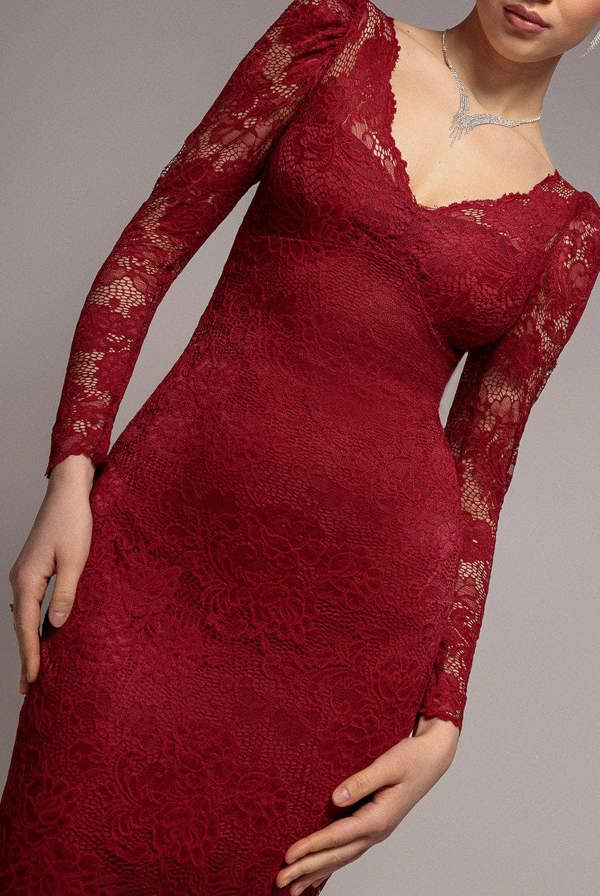 Fit & Flare Scallop Lace V Neck Maxi Dress - Burgundy DR4994