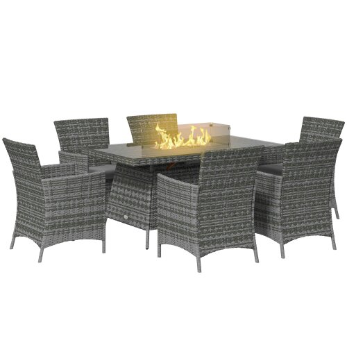 Wyld Haus Ravezi Rattan Grey 6 Seater Garden Dining Set With Fire Pit Table Glass