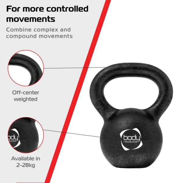 28 kg cast iron kettlebell with off-center weight design, featuring a textured black finish and ergonomic handle for improved grip