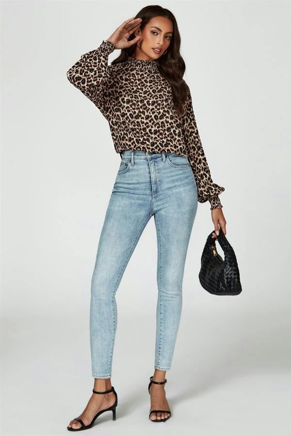 FS Collection Leopard Print Long Sleeve High Neck Blouse In Brown