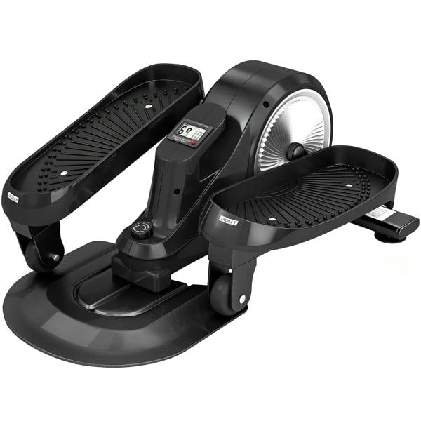 Black under-desk elliptical with LCD console and dual textured foot pedals