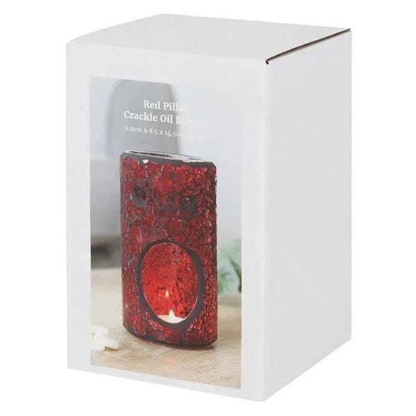 Red crackle glass oil/wax warmer in white box, view of circular window front