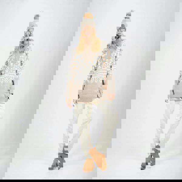 Brave Soul Stone Oversized Zip Neck Knitted Pattern Jumper - Stone Image 3