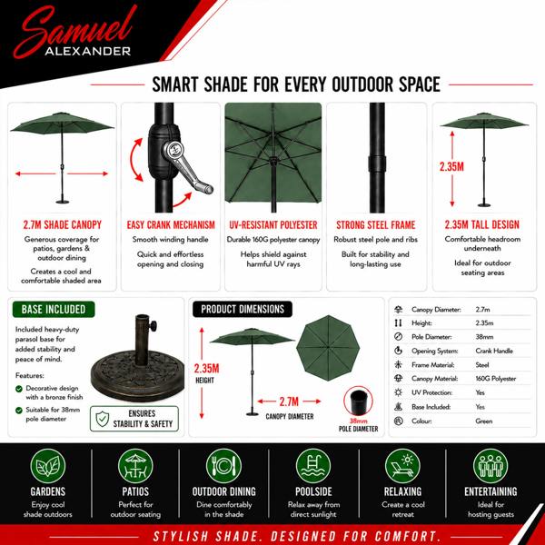 Samuel Alexander 2.7m Havana Garden Patio Parasol with Crank Handle in Green with 9kg Base Included