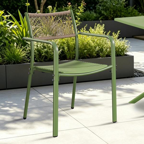 Core Products Pair Of Rope Effect Backed Bistro Metal Arm Chair Moss Green