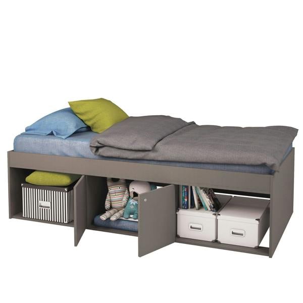 A grey bed frame with a built-in 2 door central cupboard underneath, with an open recess on each side.