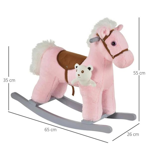 Pink plush rocking horse toy with brown saddle and plush bear doll, shown with dimensions