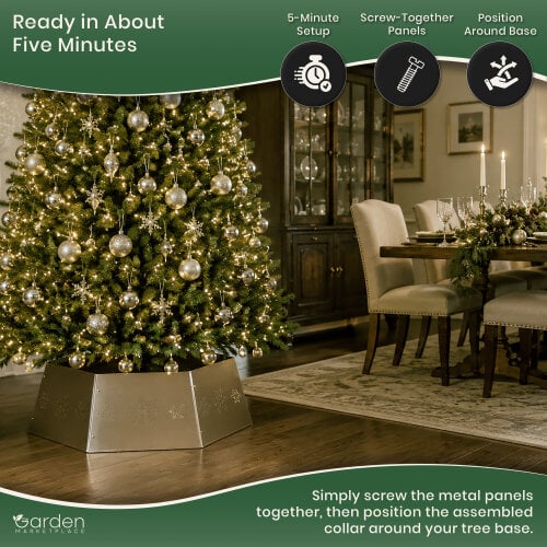Hexagon Zinc Metal Christmas Tree Collar Stand Cover with Snowflake Pattern, Easy Screw-Together Design, Fits 1.5–2.6m Trees, 68cm x 25cm