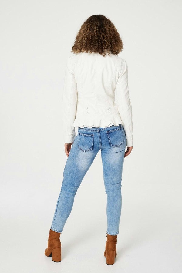 White | Frilled Front Faux Leather Jacket