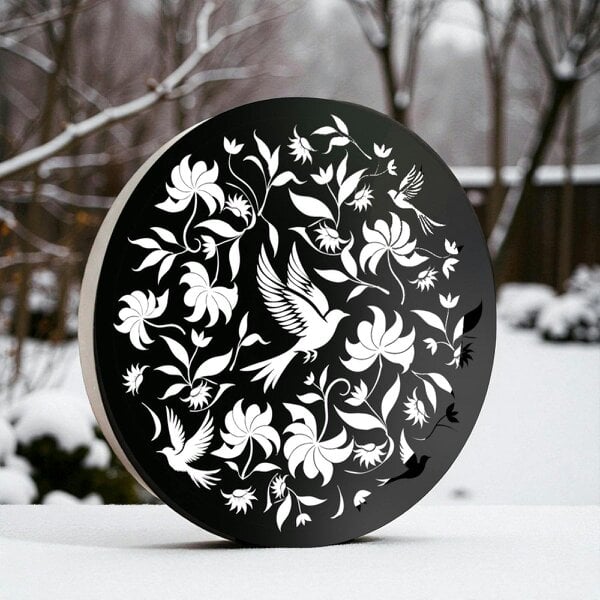 EDH Door Hardware Round Solar Wall Panel with Birds, Outdoor Metal Wall Art with LED Light, Weatherproof Garden & Patio Décor